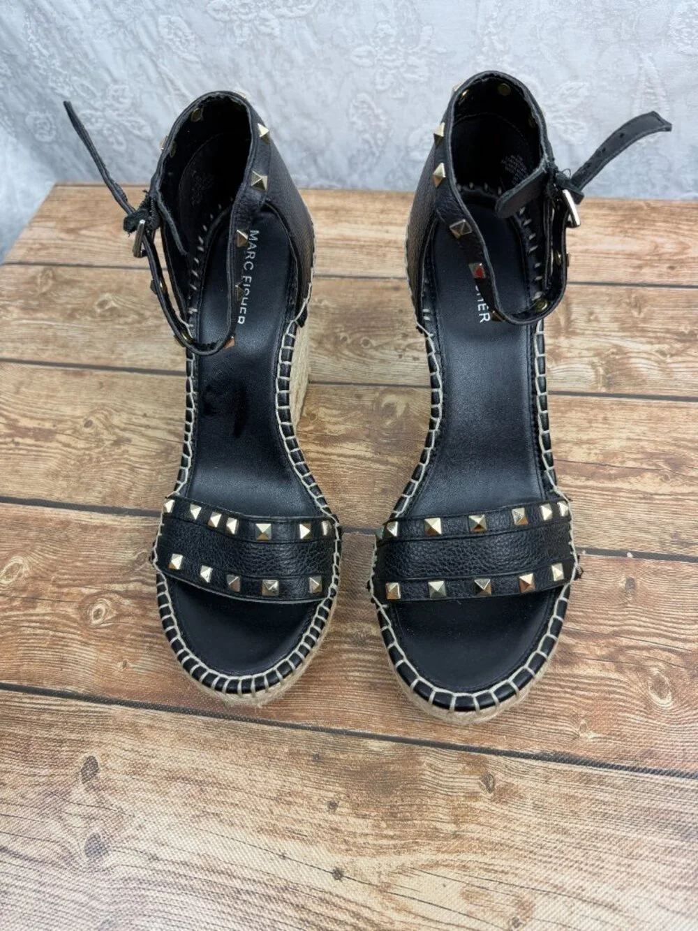 Marc Fisher Women’s Size 10 Black Studded Espadrille Wedge Sandals Ankle Strap